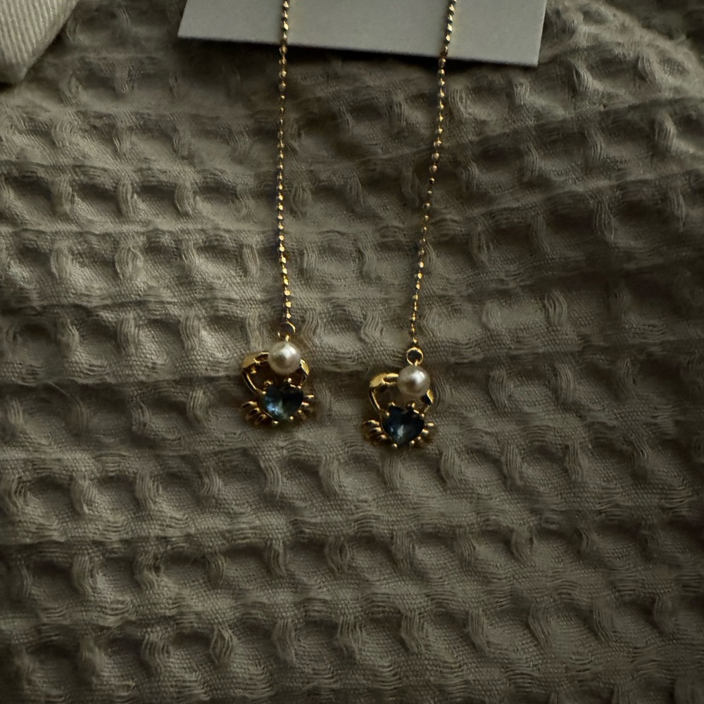 Kate Spade Gold Crab Earrings with pearl and light blue stone - Picture 4 of 4